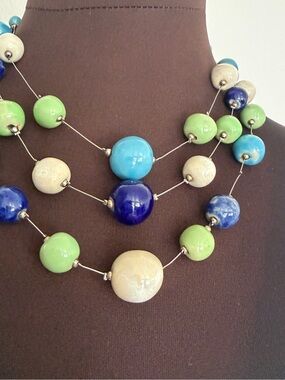 Multi-Strand Ceramic Bead Necklace in Blue, Green, Cream